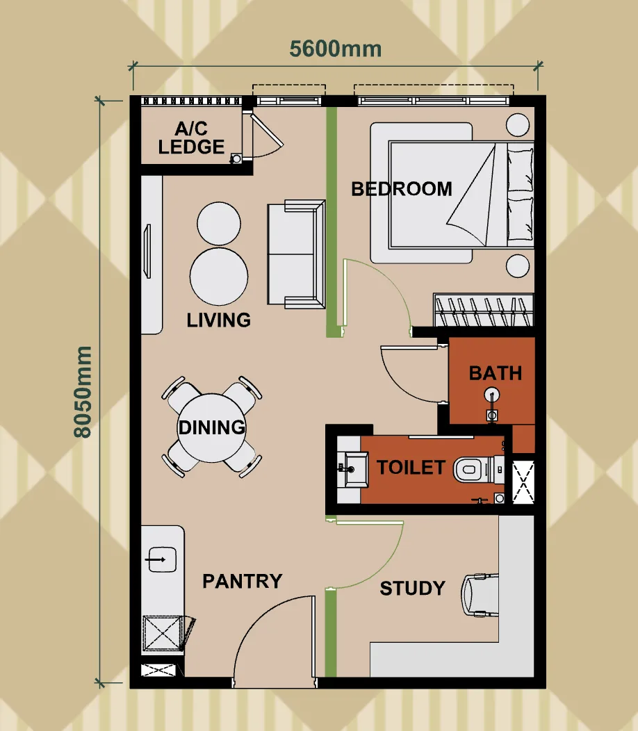 Keeperz Suites Type A studio suite 484 sq ft floor plan