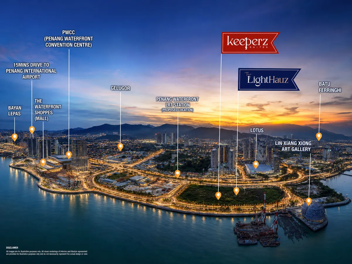 Illustrated Gelugor Waterfront area orientation showing PWCC, Waterfront Shoppes, S15, The Lighthauz, Keeperz Suites and nearby landmarks