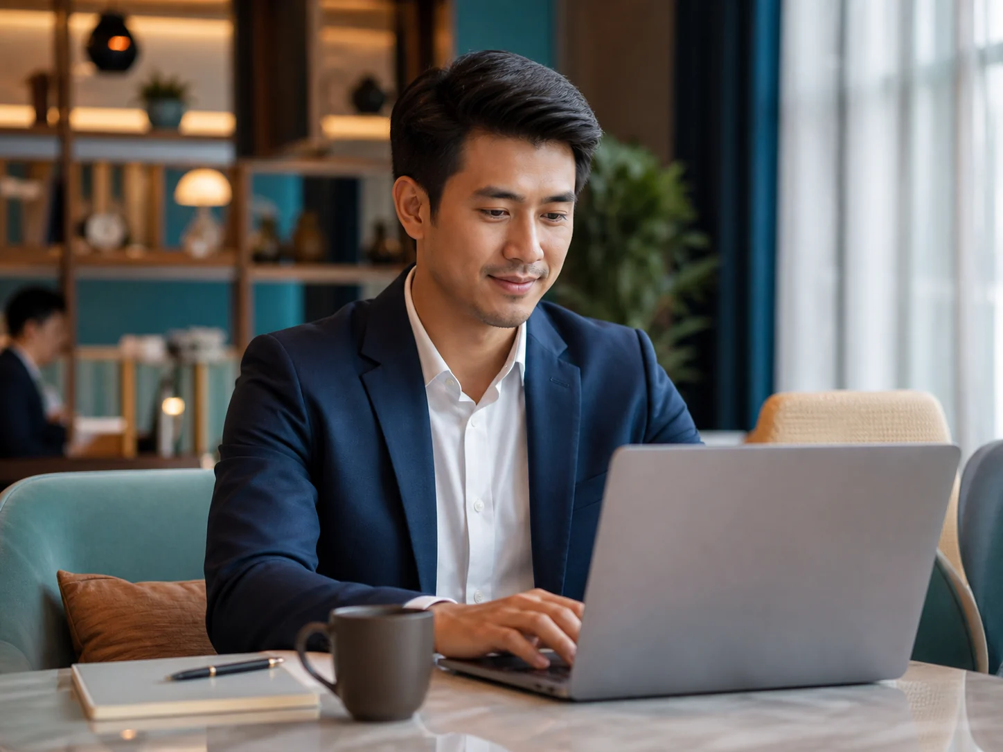 Corporate traveller working during a serviced-residence stay