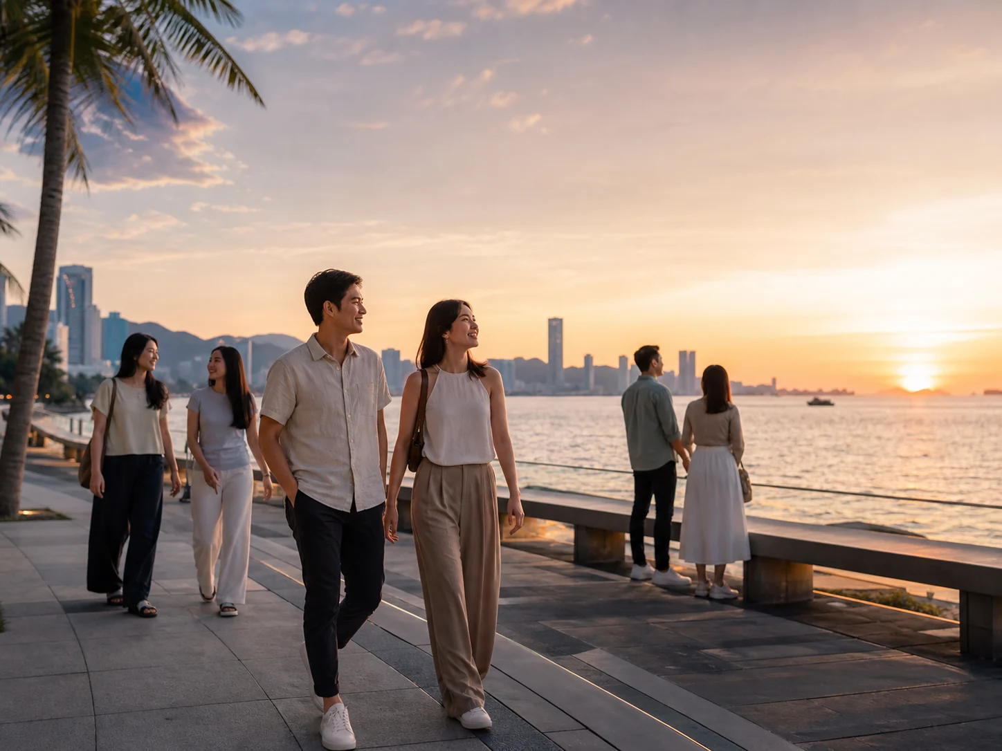 Guests walking along a waterfront promenade at sunset