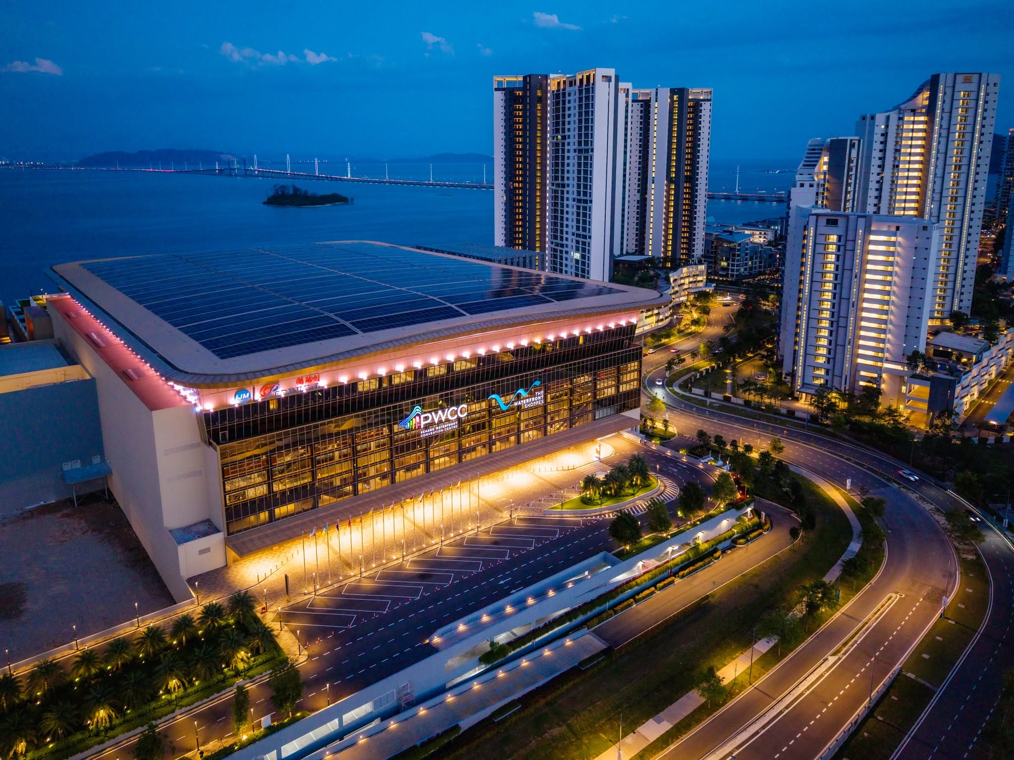 Real aerial photograph of PWCC and the surrounding waterfront at night