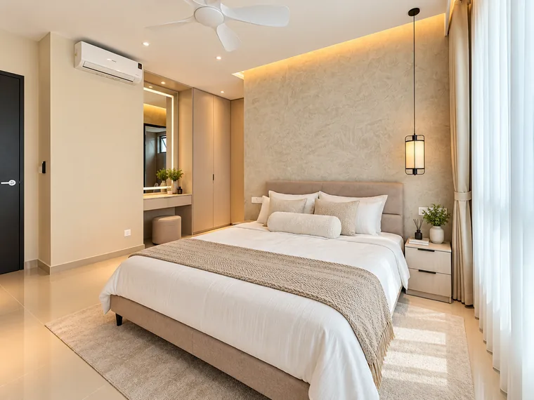 Calm neutral bedroom interior styling reference