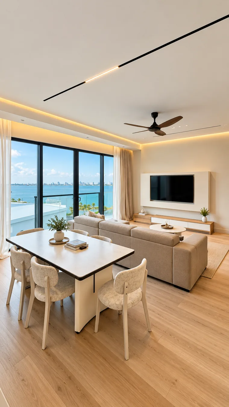 Warm sea-view living and dining interior styling reference