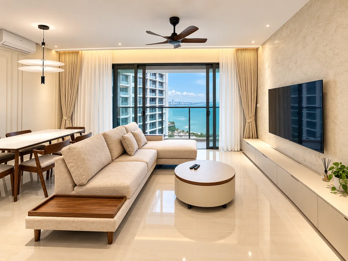Waterfront living room styling reference with sea and city outlook