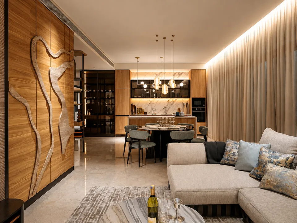 Branded seafront residence living room at Gurney Bay
