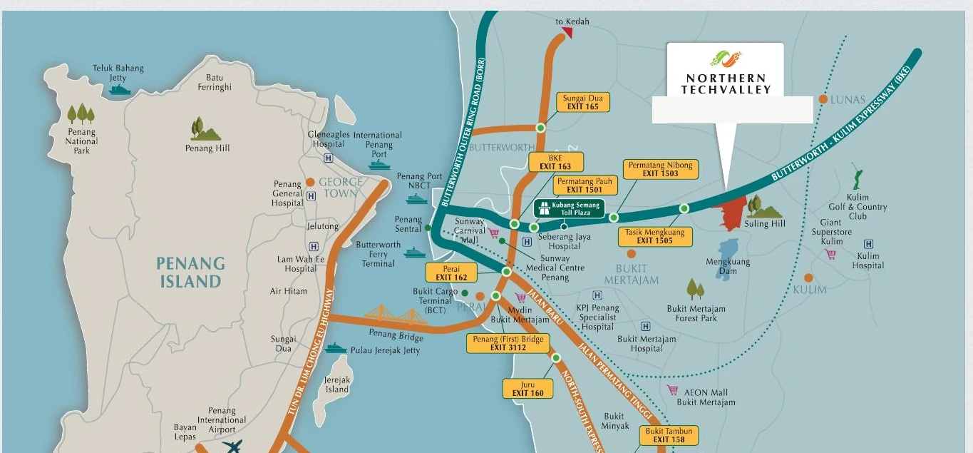 Map showing Northern TechValley along the Butterworth-Kulim Expressway with access to Penang Island, Penang Port and Kulim