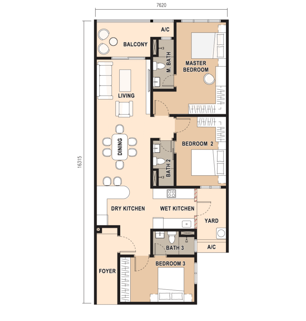 Type C 1,282 sq.ft. three-bedroom floor plan