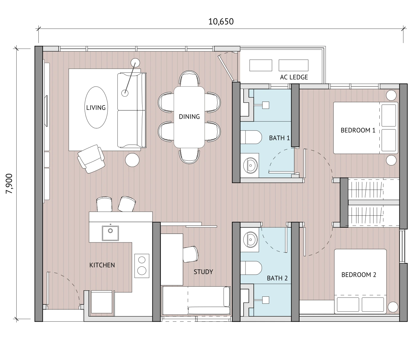 The Meg Type D 879 sq ft floor plan